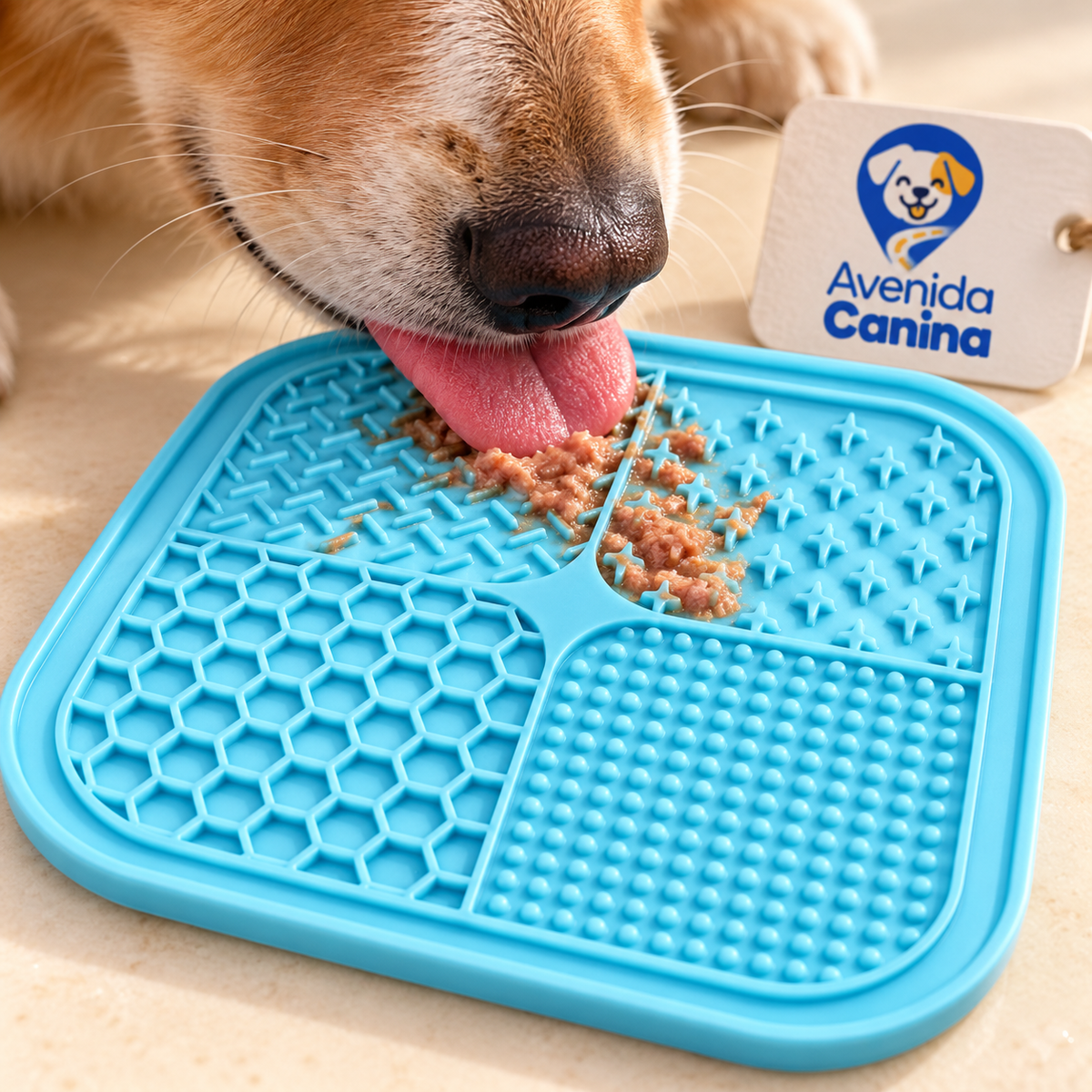 Perro lamiendo el tapete de alimentación lenta Avenida Canina